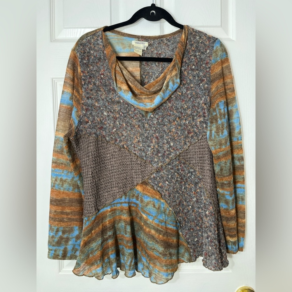 Feralei Boho Patchwork Knit Tunic Top Womens Size M Artsy Asymmetrical Lagenlook - Picture 2 of 8